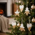 Juldekorationer, trästjärna, träd, hjärta, 6 stycken, vita och guldfärgade dekorativa hängen | Floristik24.se
