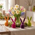 Små sittande påskharar, färgglatt flockade, 13 cm, 8 bitar | Floristik24.se