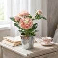Dekorativ ros i kruka, romantiska sidenblommor, rosa pion | Floristik24.se