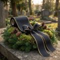 Elegant moiréband med kransmönster, 175 mm svart med pärlkant och taftväv, dekorativt band för begravningsblomster, rosettband, 25 m | Floristik24.se