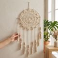 Makramé Drömfångare Väggbonad Boho Chic Väggdekor Handgjord Krämfärgad Ø22cm H54cm | Floristik24.se