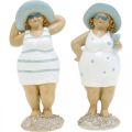 Floristik24 Dekorativ figur damer på stranden, sommardekoration, badfigurer med hatt blå/vit H15/15,5cm set om 2