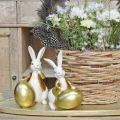 Floristik24 Påskhare vit-guld, påskdekoration, dekorativ kanin med ägg H16/18cm set om 2