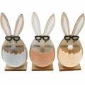 Floristik24 Träkanin i ett ägg, vårdekoration, kaniner med glasögon, påskharar 3st