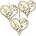 Floristik24 Dekorativa hjärtbin gul, gyllene trähjärta för hängande sommardekoration 6st