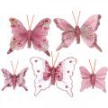 Deco fjärilar med klämma, fjäderfjärilar rosa 4,5–8cm 10st