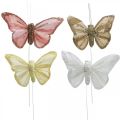 Floristik24 Fjärilar med glimmer, bröllopsdekoration, dekorativa pluggar, fjäderfjäril gul, beige, rosa, vit 9,5×12,5cm 12st
