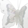 Floristik24 Fjärilar med pärlor och glimmer, bröllopsdekorationer, fjäderfjärilar på vit tråd
