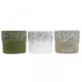 Floristik24 Keramikbehållare, blomkruka med ekdekor, växtkruka grön / vit / grå Ø13cm H11,5cm uppsättning med 3 st