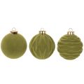 Julgranskula, sammetslook, grön, texturblandning, 8 cm, 12 stycken, flockad julkula, mossgrön, plastkulor, mossgrön flockad, bomullssnören ingår till varje kula | Floristik24.se